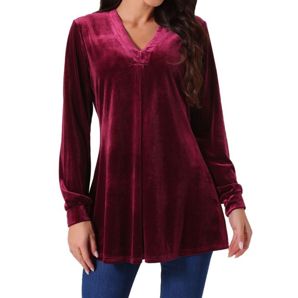 Velvet Top V Neck Long Sleeves Solid Casual Tunic Blouse T-Shirt Wine Red